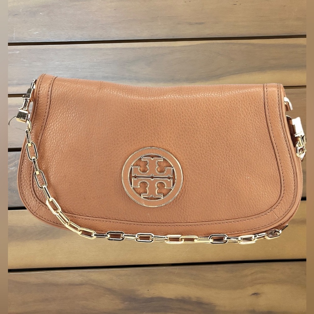 Tory Burch Tan Leather chained crossbody Bag with Gold Chain
